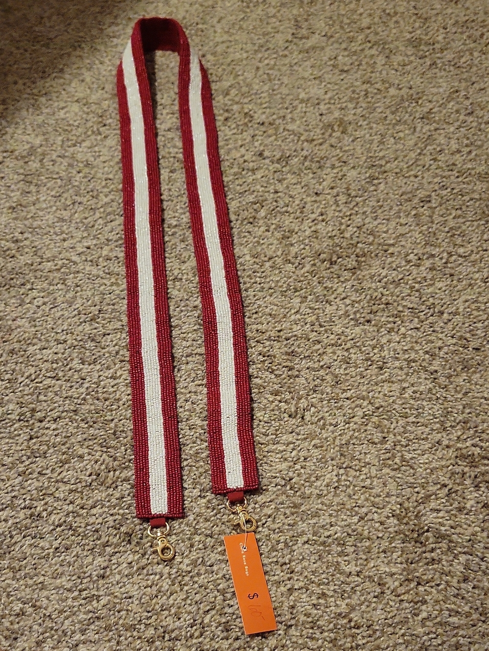 NWT Striped Red and White Beaded Bag Strap